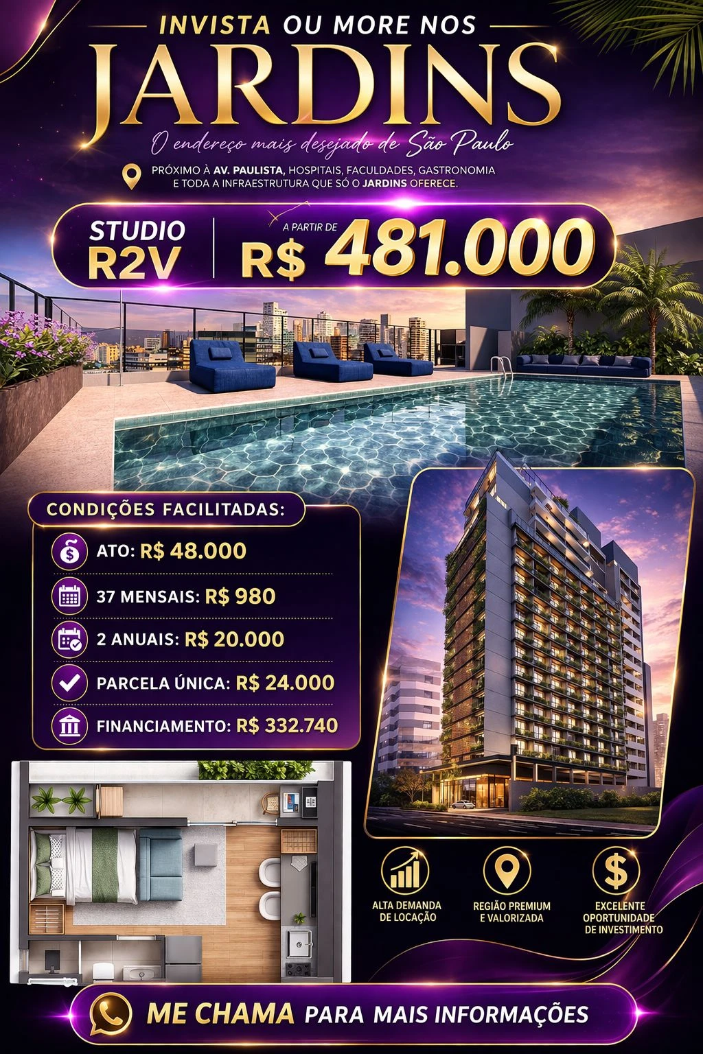 Studio perto da Paulista para morar ou investir a partir de 481 mil fluxo facilitado