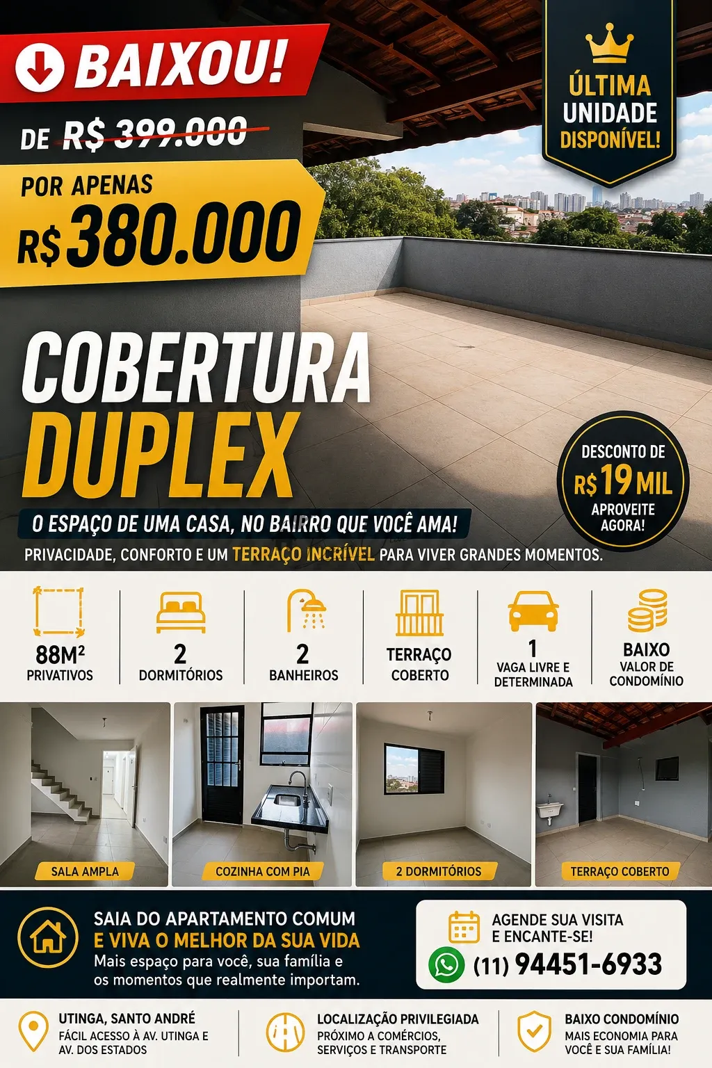 COBERTURA NOVA DE 399mil por 380mil 2 doem em Utinga Santo André 