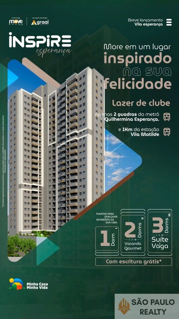 Apartamento 1 a 3 dormitórios na Vila Esperança de 26 a 108m² com varanda gourmet | Inspire Esperança | Próx. Metrô - Entrega: Junho de 2028