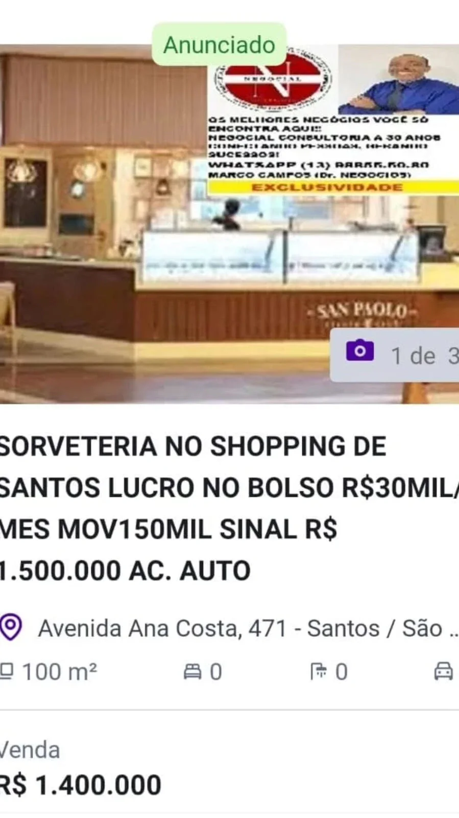 Sorveteria em shopping de Santos à venda 