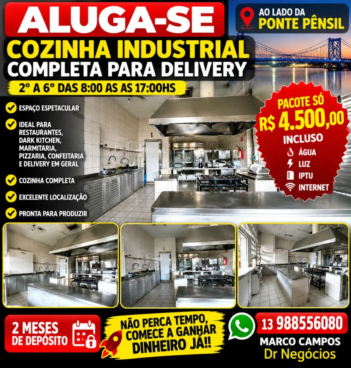 Cozinha Industrial completa para delivery-  Locação - Ao lado da Ponte Pênsil